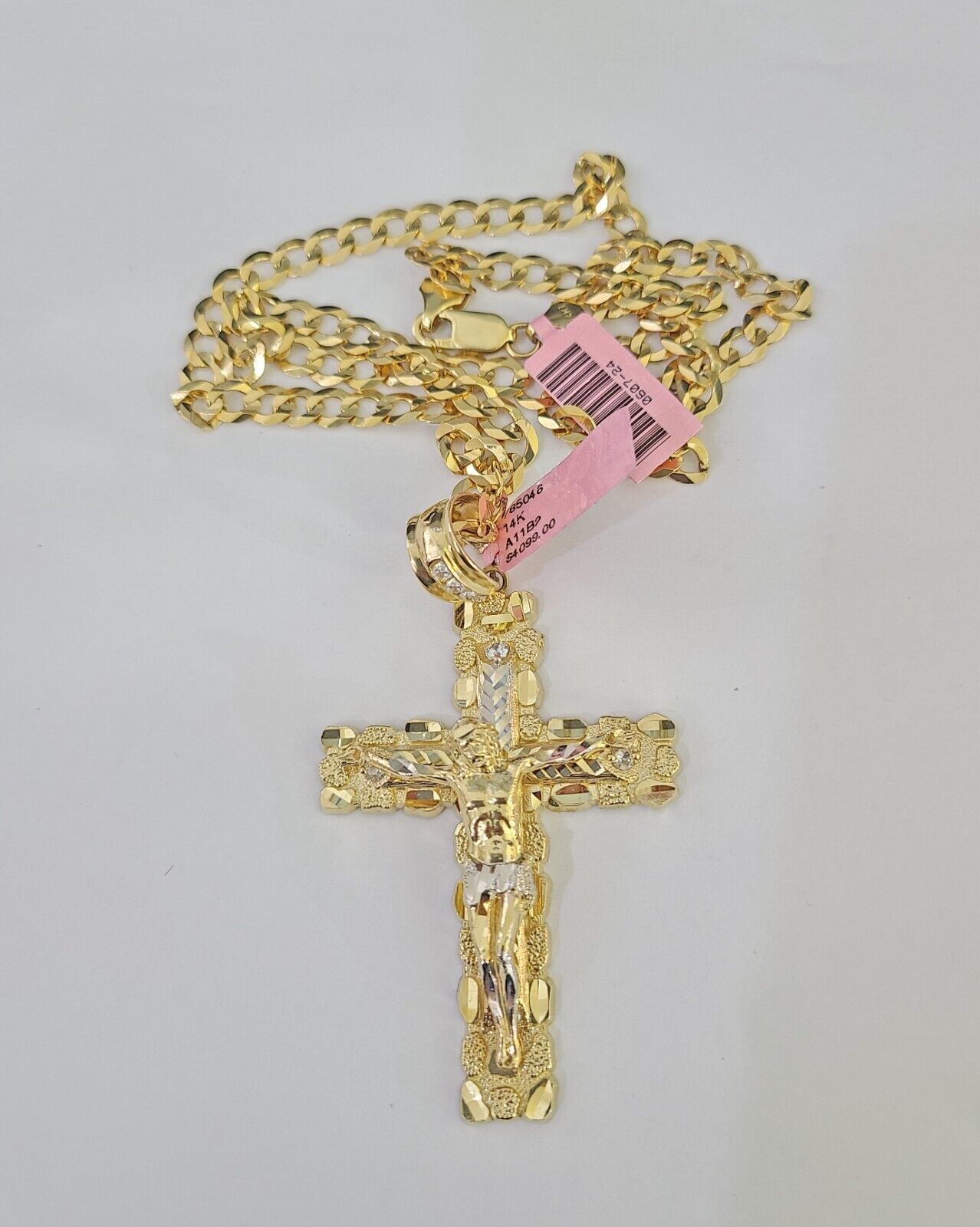 14k Gold Chain Jesus Cross Charm Solid Cuban Curb 5mm 20"-28" Inch SET Necklace