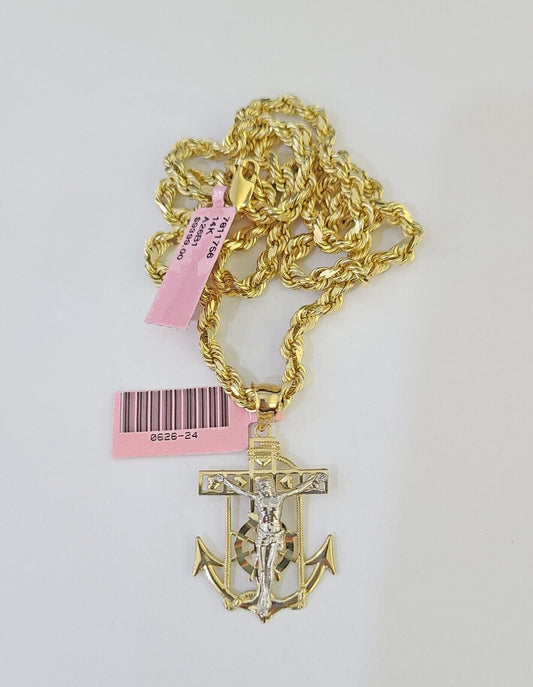 14k Solid Rope Chain Jesus Anchor Charm Set 4mm 18-28" Inch Necklace Yellow Gold