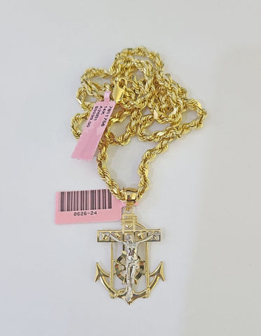 14k Solid Rope Chain Jesus Anchor Charm Set 4mm 18-28" Inch Necklace Yellow Gold