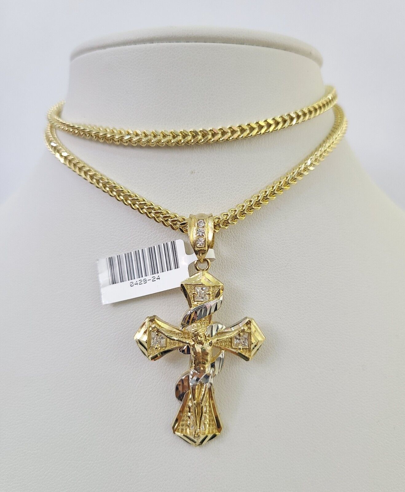 10K Franco Chain Jesus Cross Pendant Charm Necklace 20"-26" 3mm Gold Yellow SET