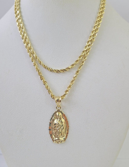 10k 2.5mm Rope Chain Virgin Mary Pendant 18"-30" Yellow Gold Set Charm Necklace