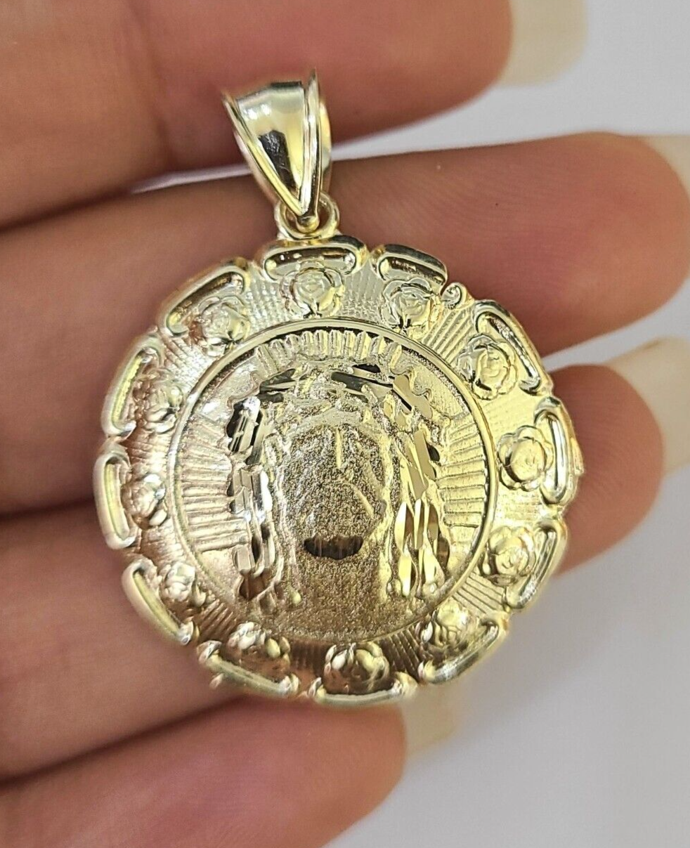 Real 10K Jesus Virgin Mary Pendent Charm 10kt yellow Gold 1" Guadalupe