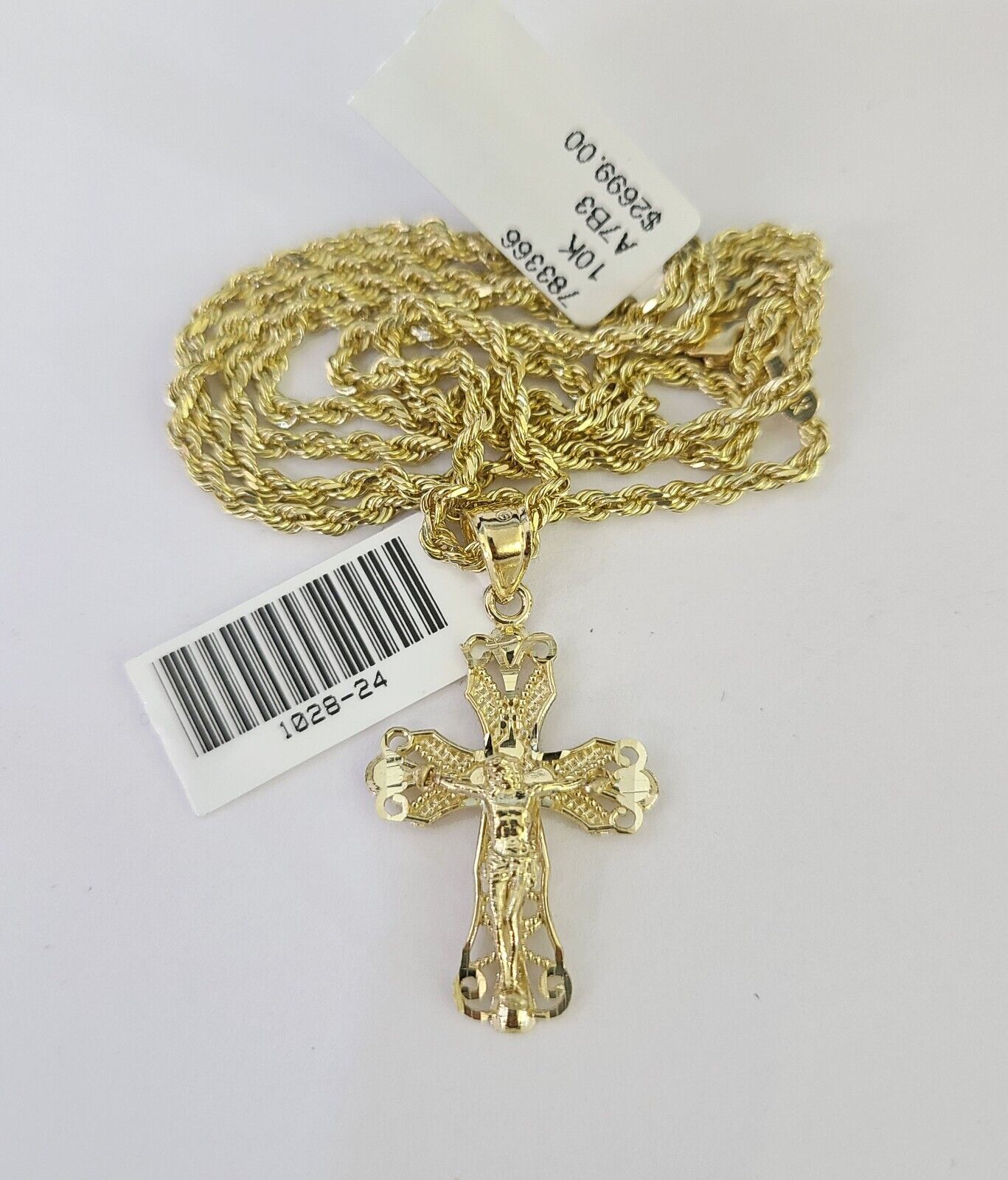 10k Solid Rope Chain 3mm Jesus Cross Pendant Charm Necklace SET 18-24 in