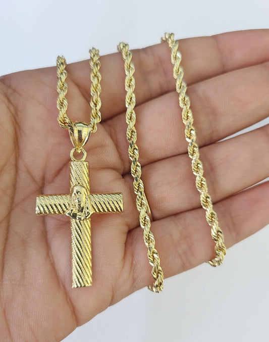 10k 3mm Rope Chain Jesus Cross Pendant 18"-30" Yellow Gold Set Charm Necklace