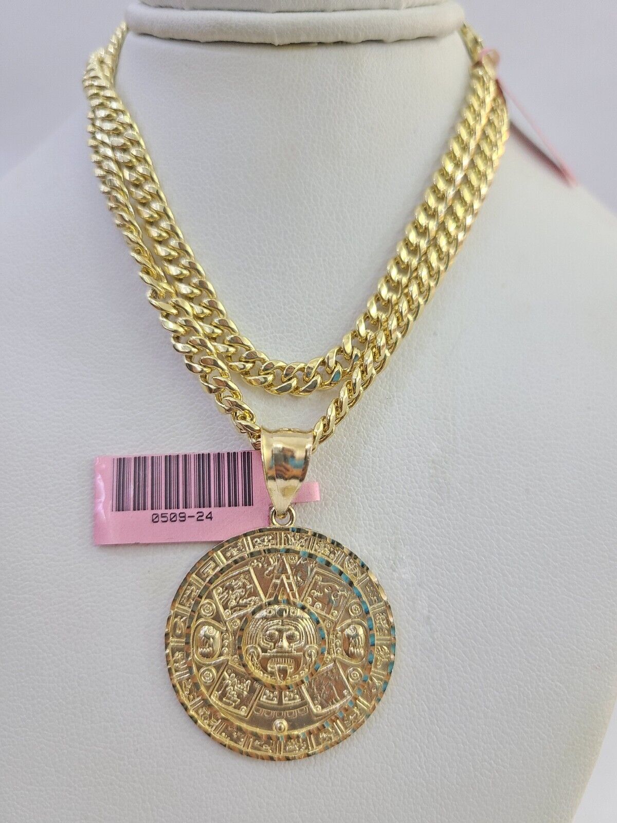 14k Chain Mayan Calendar Charm Set Miami Cuban Link 5mm 18"-30" Necklace Pendant