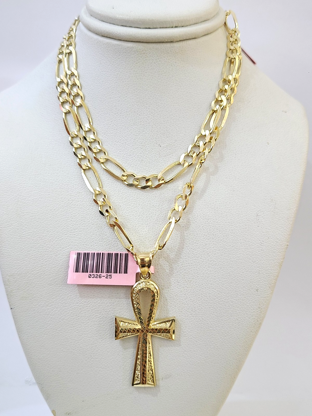 14k Solid Figaro Chain Ankh Jesus Cross Pendant Gold 5mm 18-28 inch SET Necklace