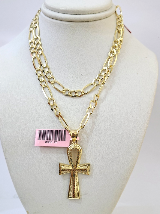 14k Solid Figaro Chain Ankh Jesus Cross Pendant Gold 5mm 18-28 inch SET Necklace