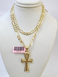 14k Solid Figaro Chain Ankh Jesus Cross Pendant Gold 5mm 18-28 inch SET Necklace