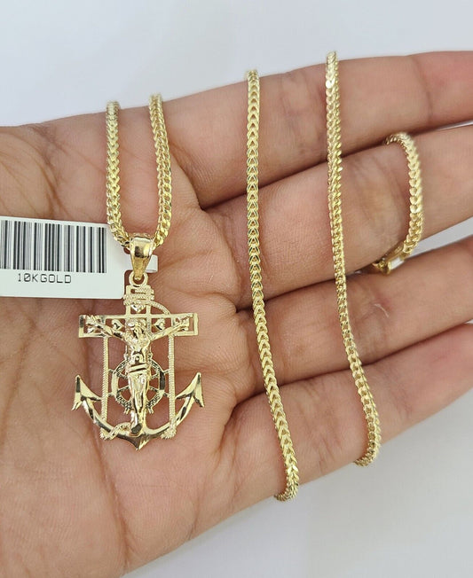 10K Franco Chain Jesus Anchor Pendant Charm Necklace 16"-24" 2mm Yellow Gold SET