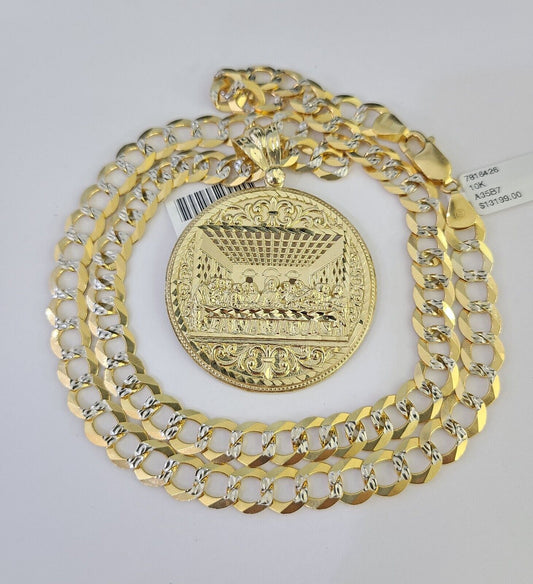 10k Gold Chain Last Supper Charm Solid Cuban Curb Necklace 9mm 20"-30" SET