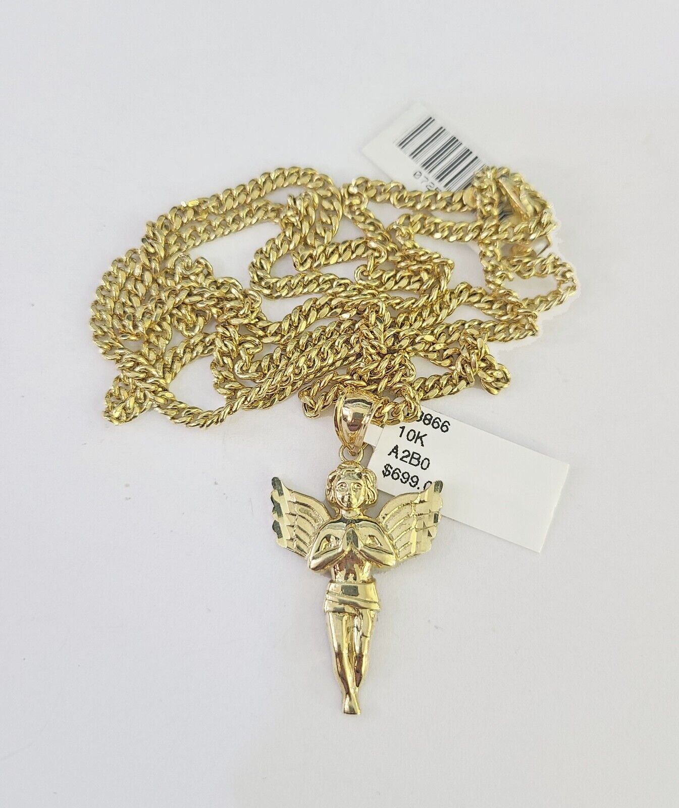 10K Gold Miami Cuban Chain Praying Angel Charm 18"-30" 3mm REAL Pendant