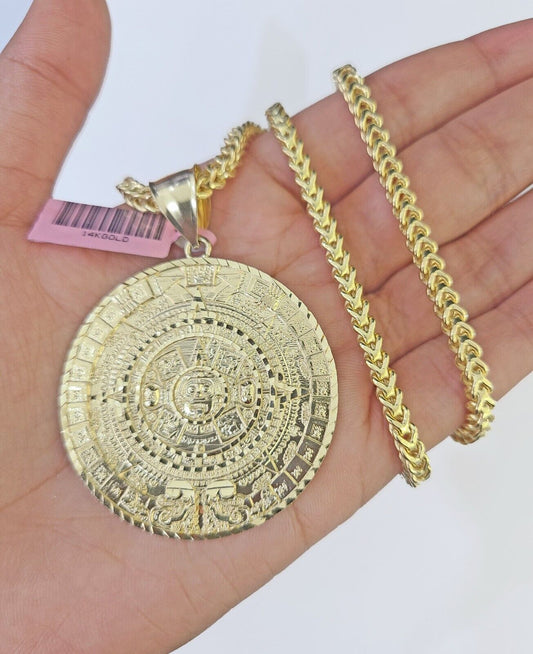 14k Gold Byzantine Box Necklace Mayan Calendar Charm 18"-26" SET Yellow