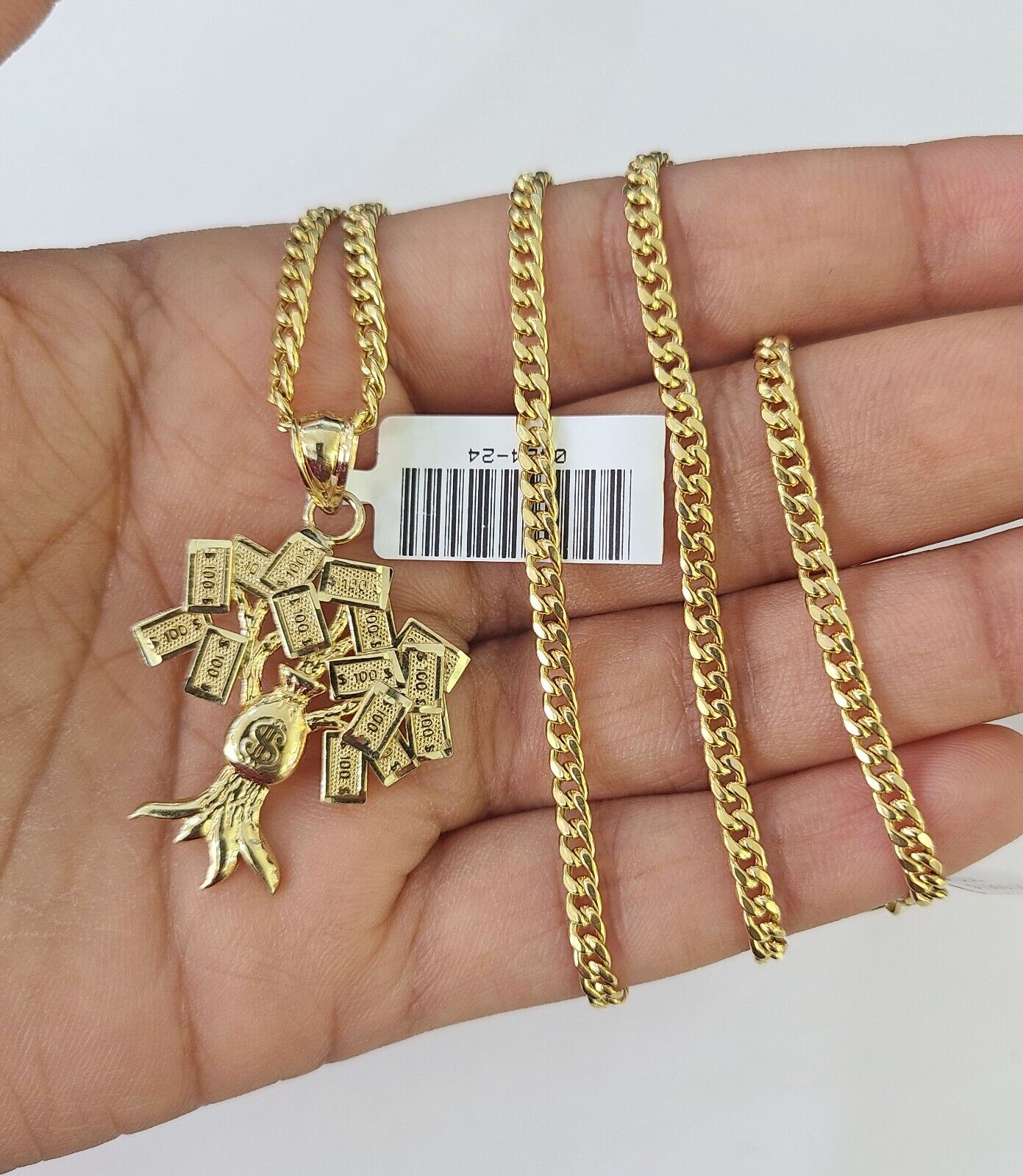 10K Gold Miami Cuban Chain Money Tree Charm 20"-30" 3mm REAL Pendant Necklace