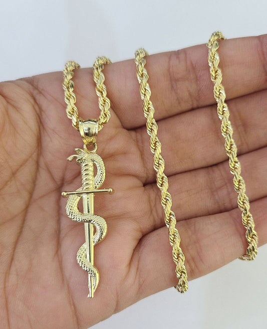 10k 3mm Rope Chain Snake Sword Pendant 18"-30" Yellow Gold Set Charm Necklace