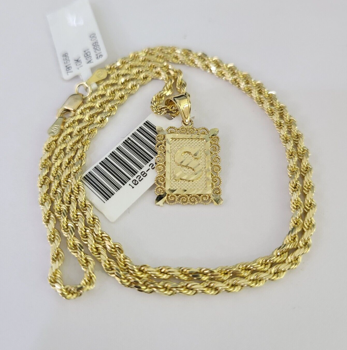 10k Gold Initial S Charm Rope Chain 16"-26" 2.5mm SET Necklace Alphabet Pendant