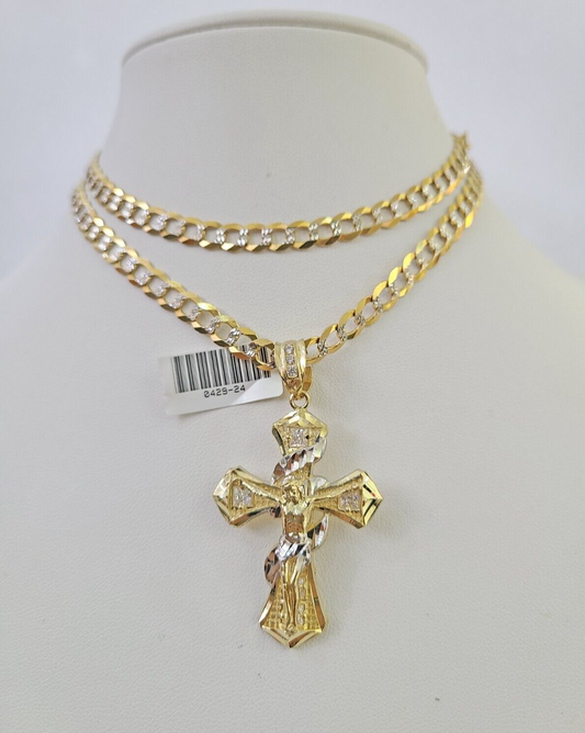 10k Solid Gold Cuban Curb Chain Jesus Cross Pendant 6mm 20"-30" SET Necklace