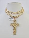 10k Gold Chain Cross Charm Solid Cuban Curb Necklace 9mm 20"-30" Diamond Cut SET