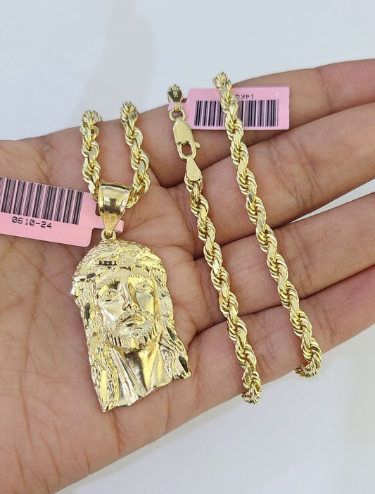 14k Solid Rope Chain Jesus Head Charm Set 4mm 18"-28" Inch Necklace Yellow Gold