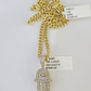 Real 10k Yellow Gold Diamond Charm Hamsa Hand Pendant& Cuban Link Chain Neckalce