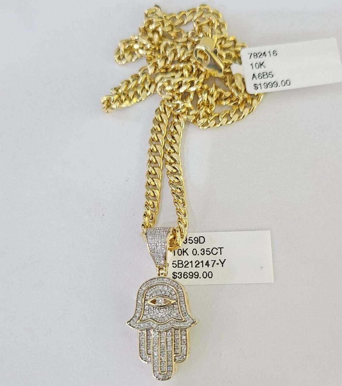 Real 10k Yellow Gold Diamond Charm Hamsa Hand Pendant& Cuban Link Chain Neckalce