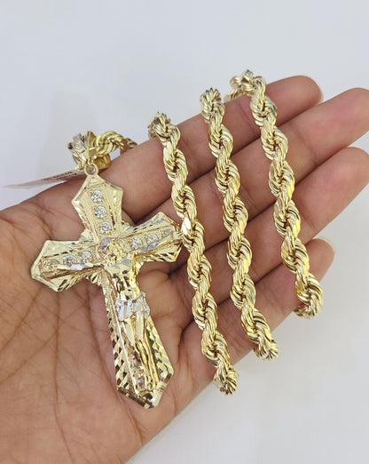 Real 10k Rope Chain Jesus Cross Charm Set 7mm 20"-28" Inch Necklace Yellow Gold