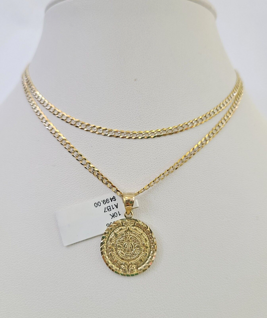 10k Solid Gold Cuban Curb Chain Mayan Calendar Pendant 2mm 18"-24" SET Necklace