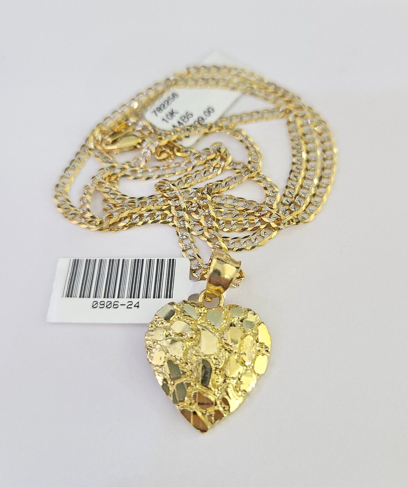 10k Solid Gold Cuban Curb Chain Hearts Pendant 2mm 18"-24" SET Necklace