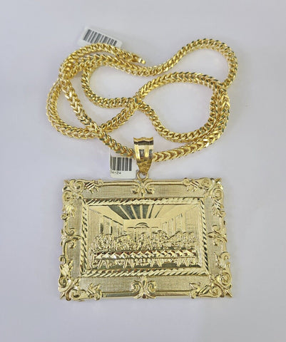 10K Franco Chain Last Supper Pendant Charm Necklace 20"-26" 5mm Yellow Gold SET