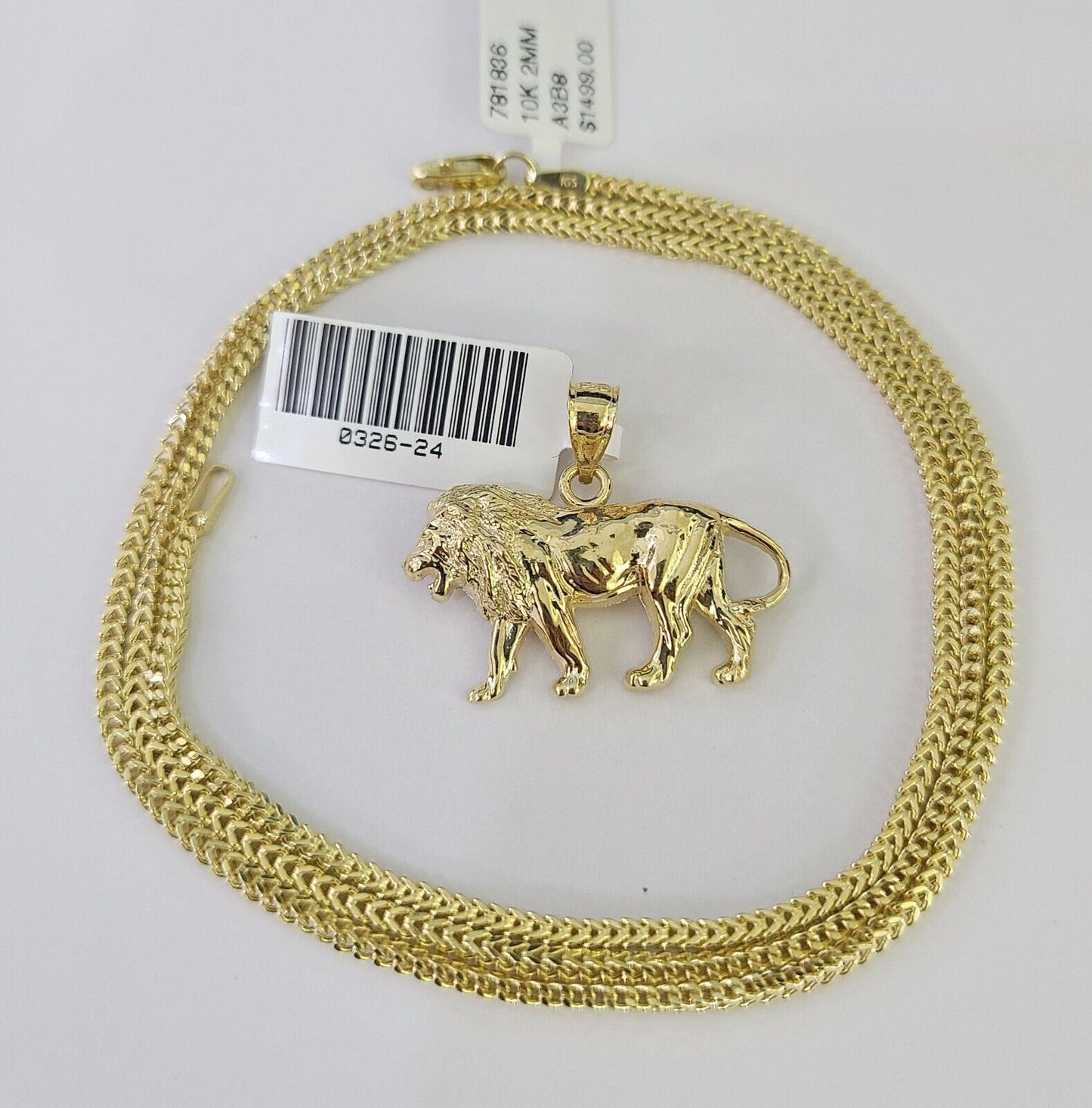 10K Franco Chain Lion Pendant Charm Necklace 16"-24" 2mm Yellow Gold SET