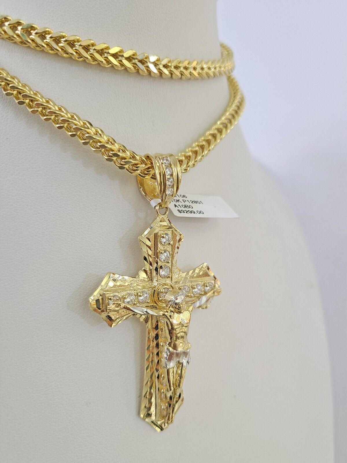 10K Franco Chain Jesus Cross Pendant Charm Necklace 20"-26" 5mm Gold Yellow SET