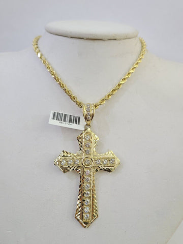 10k Solid Rope Chain Jesus Cross Charm Set 4mm 18"-28" Necklace Yellow Gold