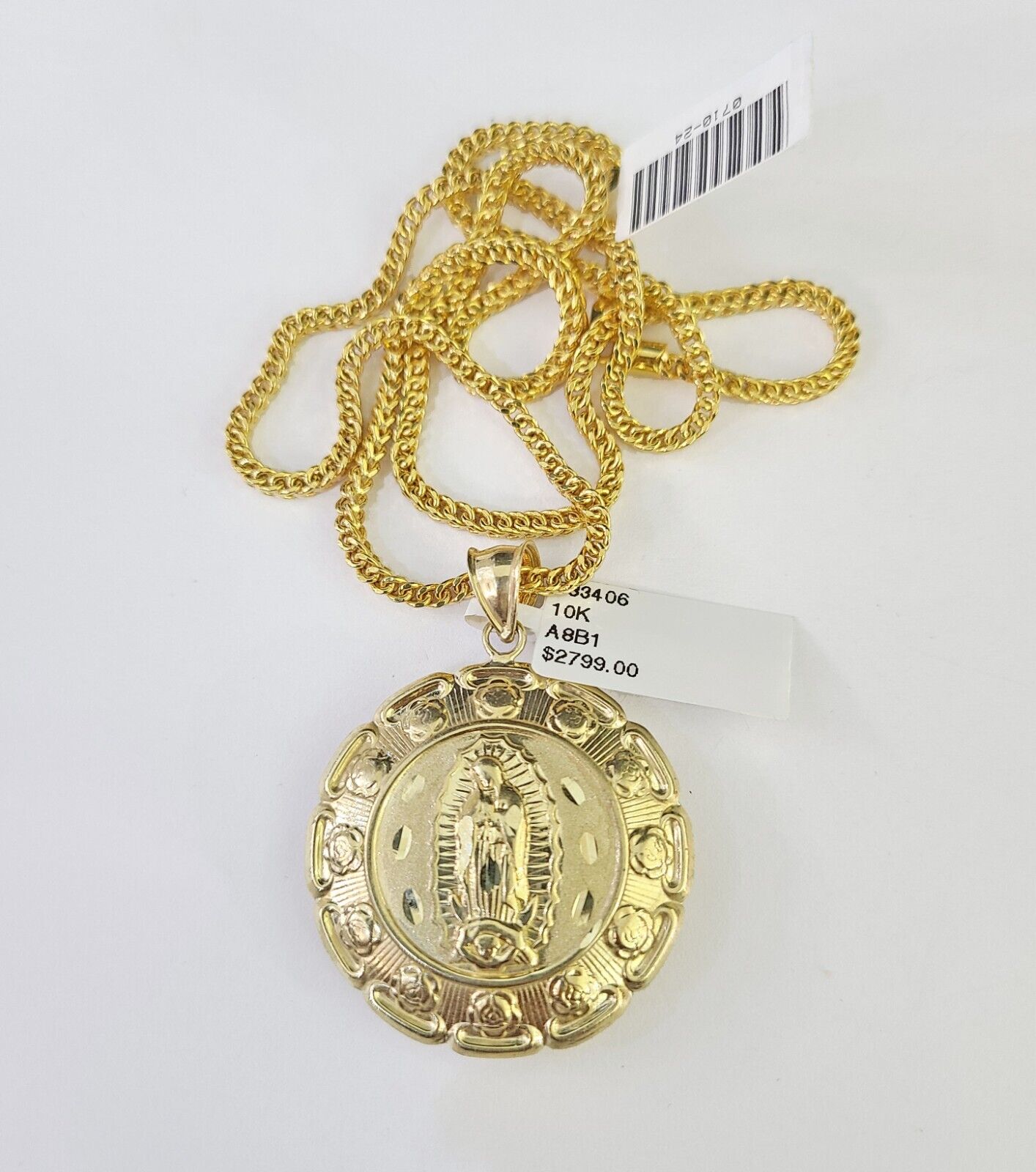 10K Gold Franco Chain Jesus Mary Charm Pendant 20-26 inches 2.5mm REAL Yellow