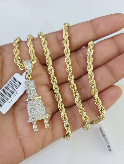 10k Solid Rope Chain Plug Socket Charm Diamond Set 4mm 20"-28" Necklace Gold