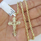 Real 10k 3mm Rope Chain Jesus Cross Pendant Charm 18" 20" 22" 24" 26" Set Yellow