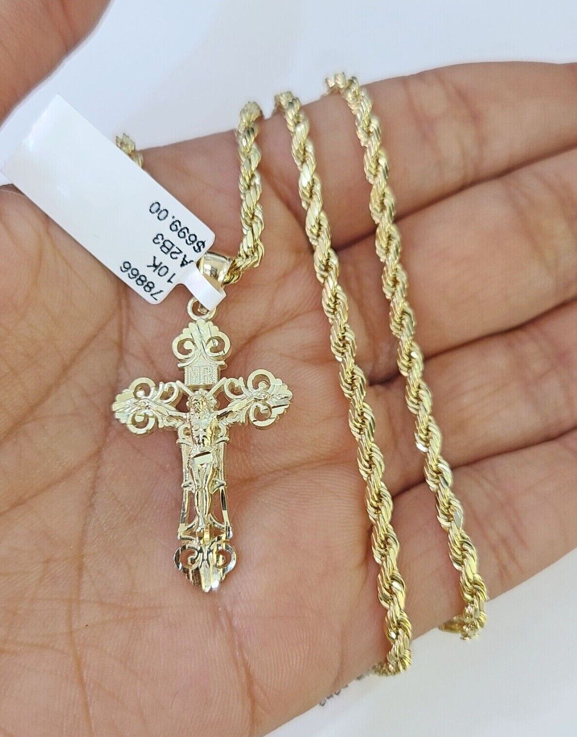 Real 10k 3mm Rope Chain Jesus Cross Pendant Charm 18" 20" 22" 24" 26" Set Yellow