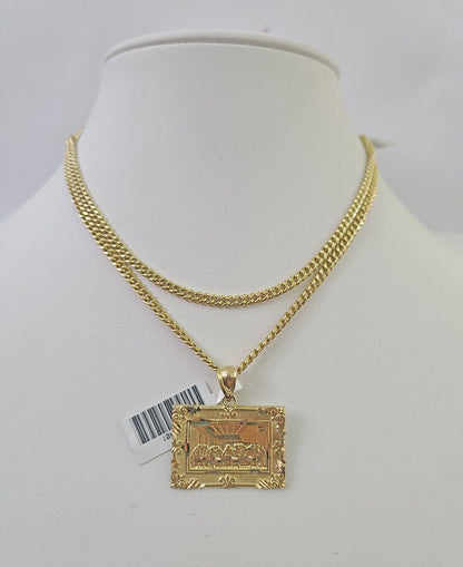 10K Gold Miami Cuban Chain Last Supper Charm 18"-30" 3mm REAL Pendant