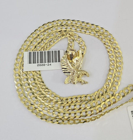 10k Gold Cuban Curb Chain Eagle Charm Solid 4mm 18"-28" SET Necklace Pendant