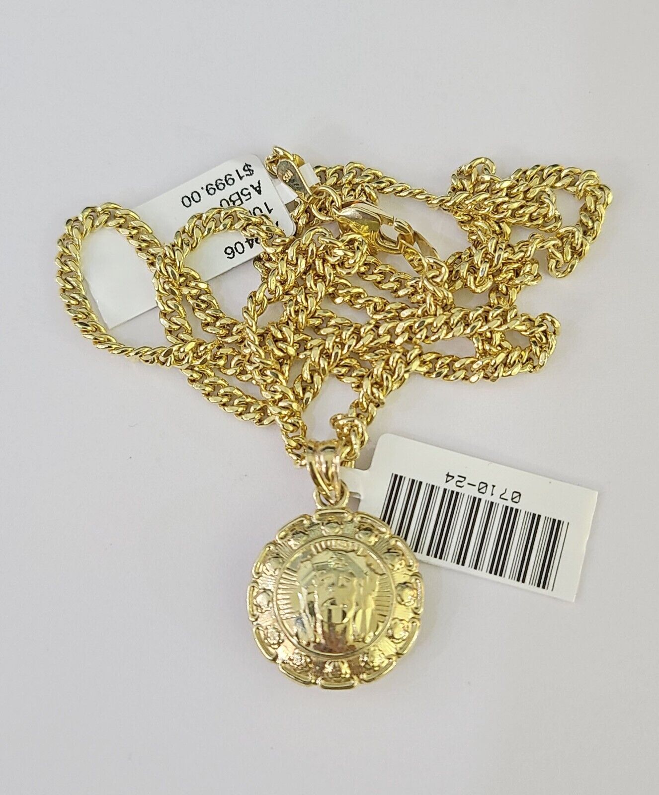 10K Gold Miami Cuban Chain Jesus Mary 18"-28" 3mm REAL Pendant Necklace SET