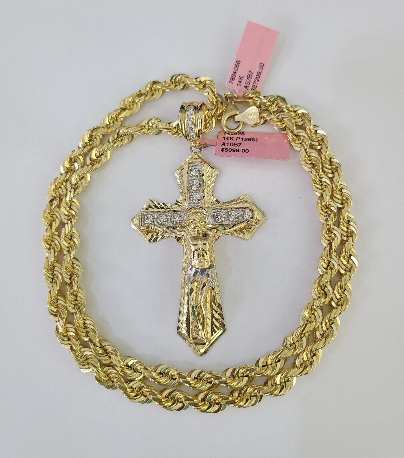 Real 14k Solid Rope Chain Jesus Cross Charm Set 6mm 18"-30" Necklace Gold