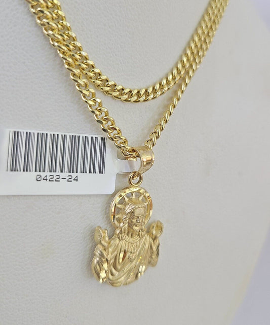 10K Gold Miami Cuban Chain Jesus Charm 18"-28" 3mm REAL Pendant Necklace SET