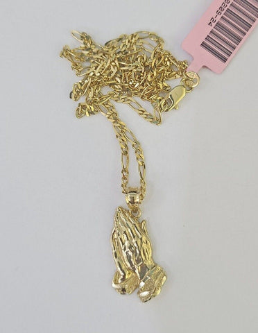 14k Figaro Chain Praying Hands Charm Pendant Gold 1.5mm 18"-24inch SET Necklace