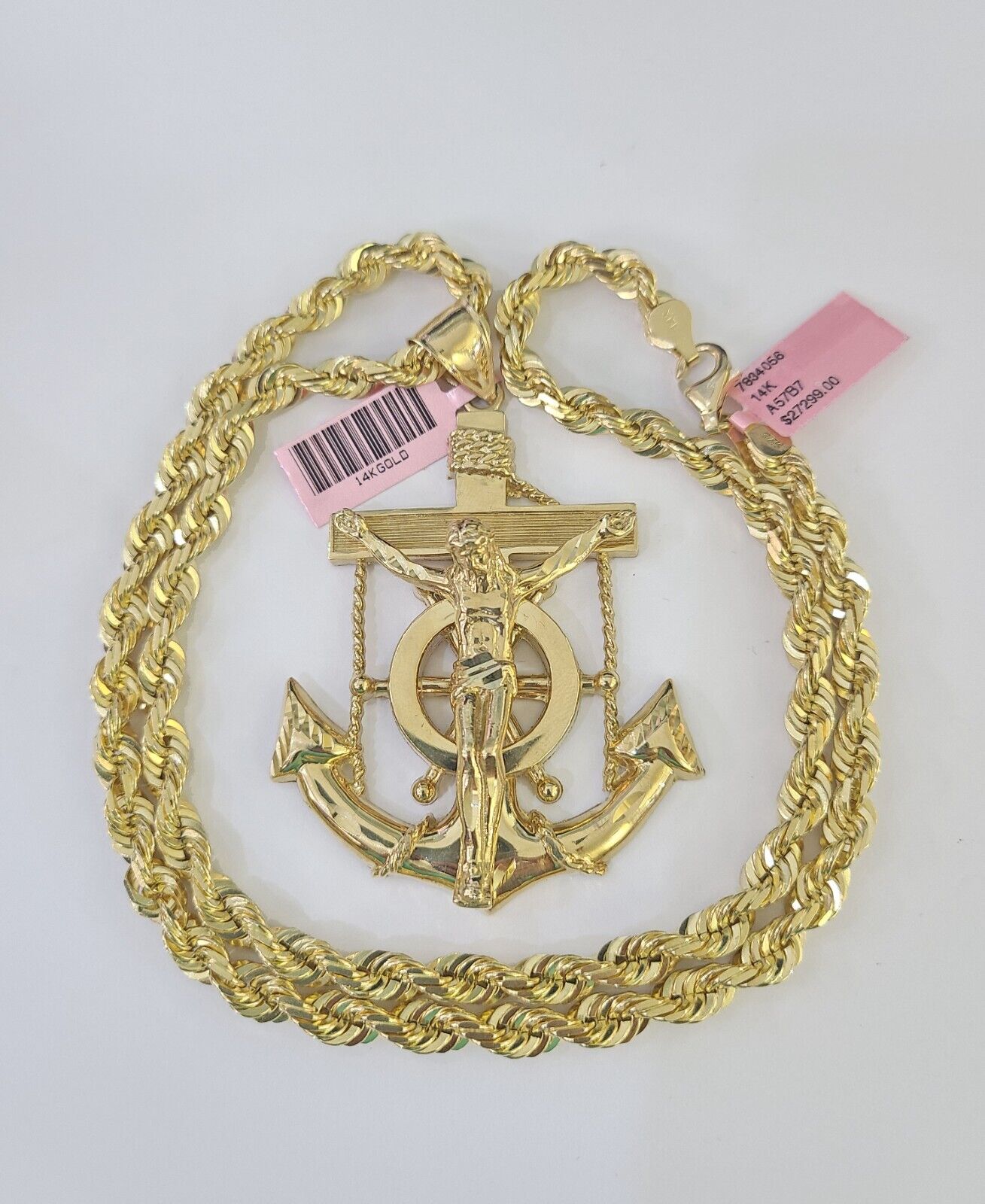 Real 14k Solid Rope Chain Jesus Anchor Charm Set 6mm 18"-30" Necklace Gold