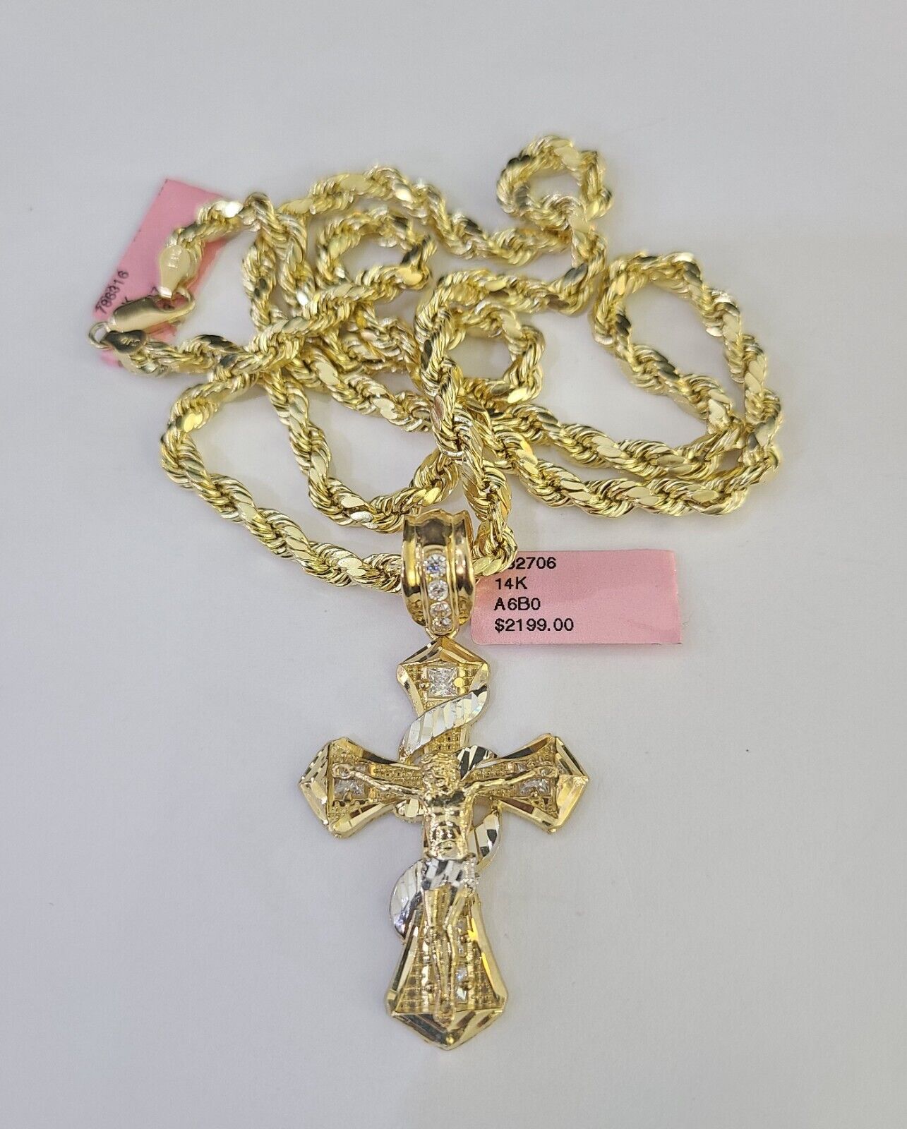 Real 14k Rope Chain Jesus Cross Charm Yellow Gold Set 5mm 20"-30" Necklace