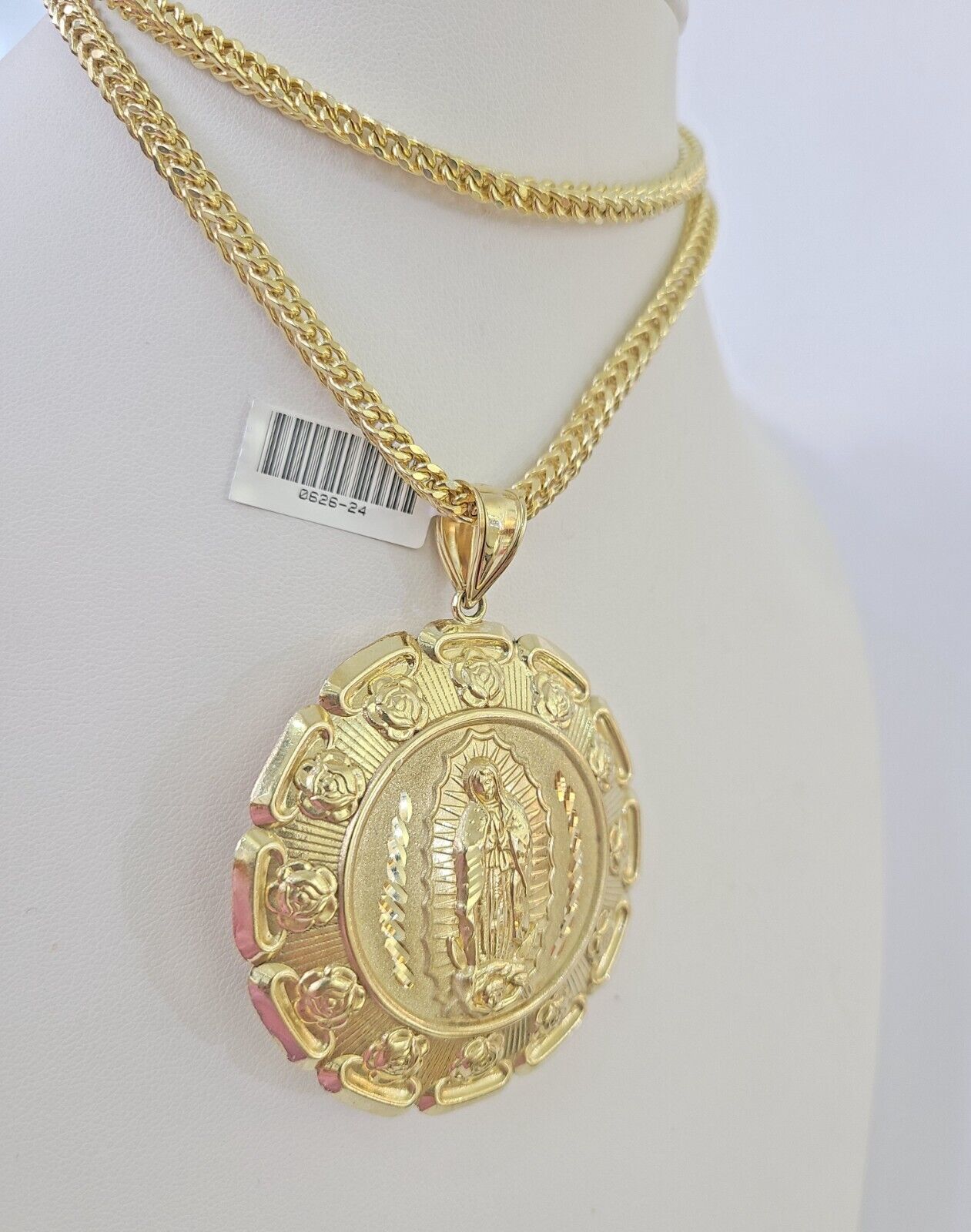 10K Franco Chain Jesus Virgin Mary Pendant Charm Necklace 20"-28" 4mm Gold SET