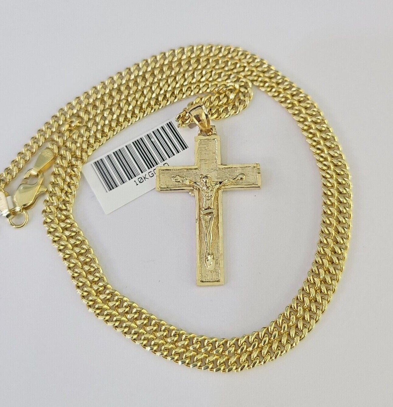 10K Gold Miami Cuban Chain Jesus Cross 18"-28" 3mm Pendant Necklace SET Charm