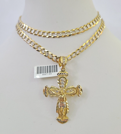 10k Solid Gold Cuban Curb Chain Jesus Cross Pendant 6mm 20"-30" SET Necklace