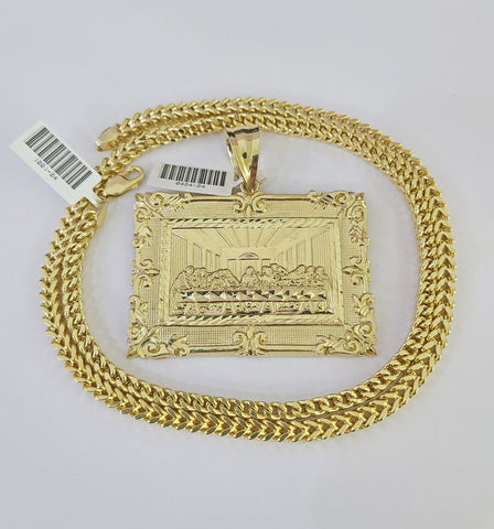 10K Franco Chain Last Supper Pendant Charm Necklace 20"-26" 5mm Yellow Gold SET