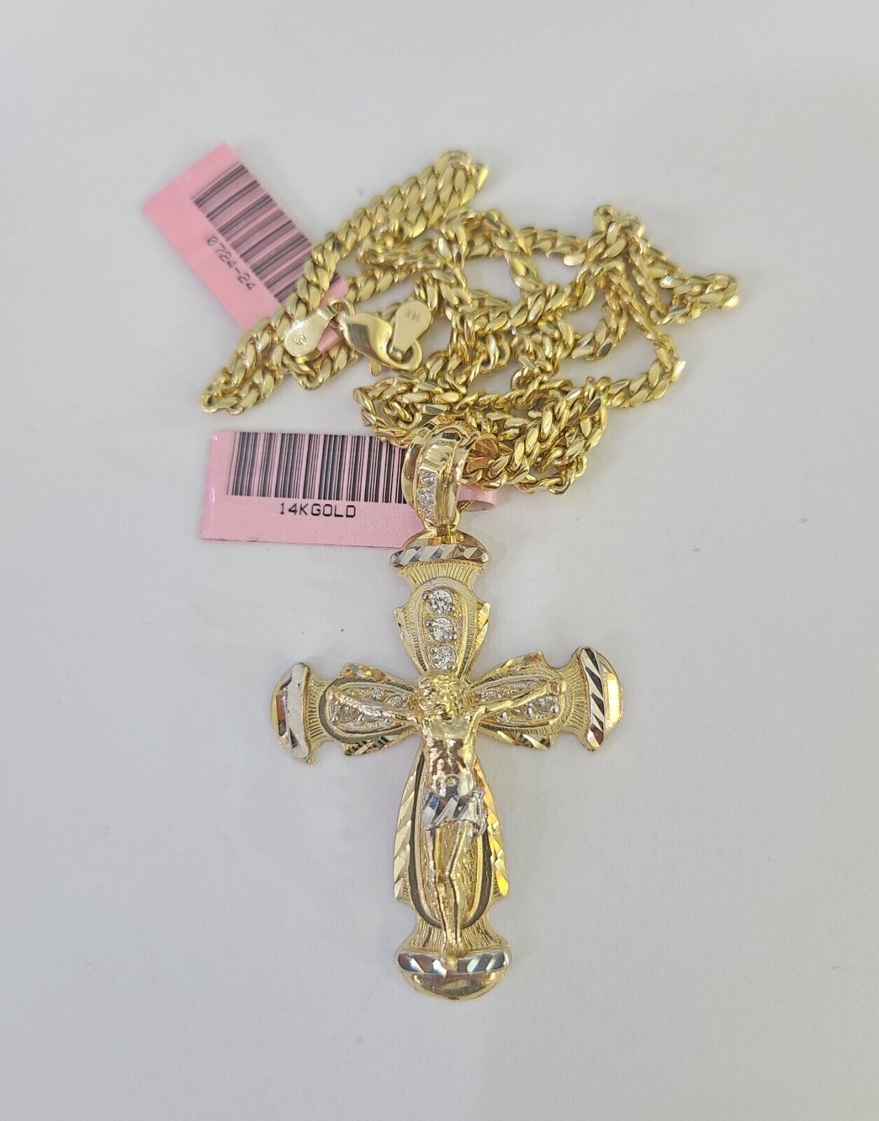 Real 14k Solid Chain Cross Charm Set Miami Cuban Link 3mm Necklace Pendant Gold