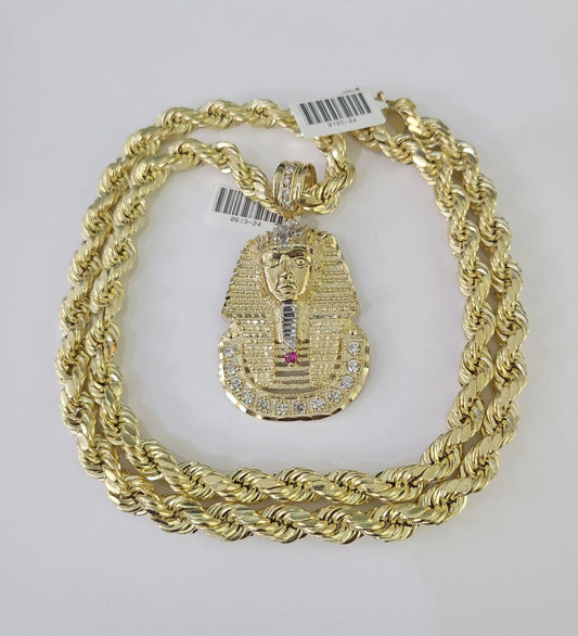 Real 10k Rope Chain Pharaoh Charm Set 8mm 20"-30" Inch Necklace Yellow Gold