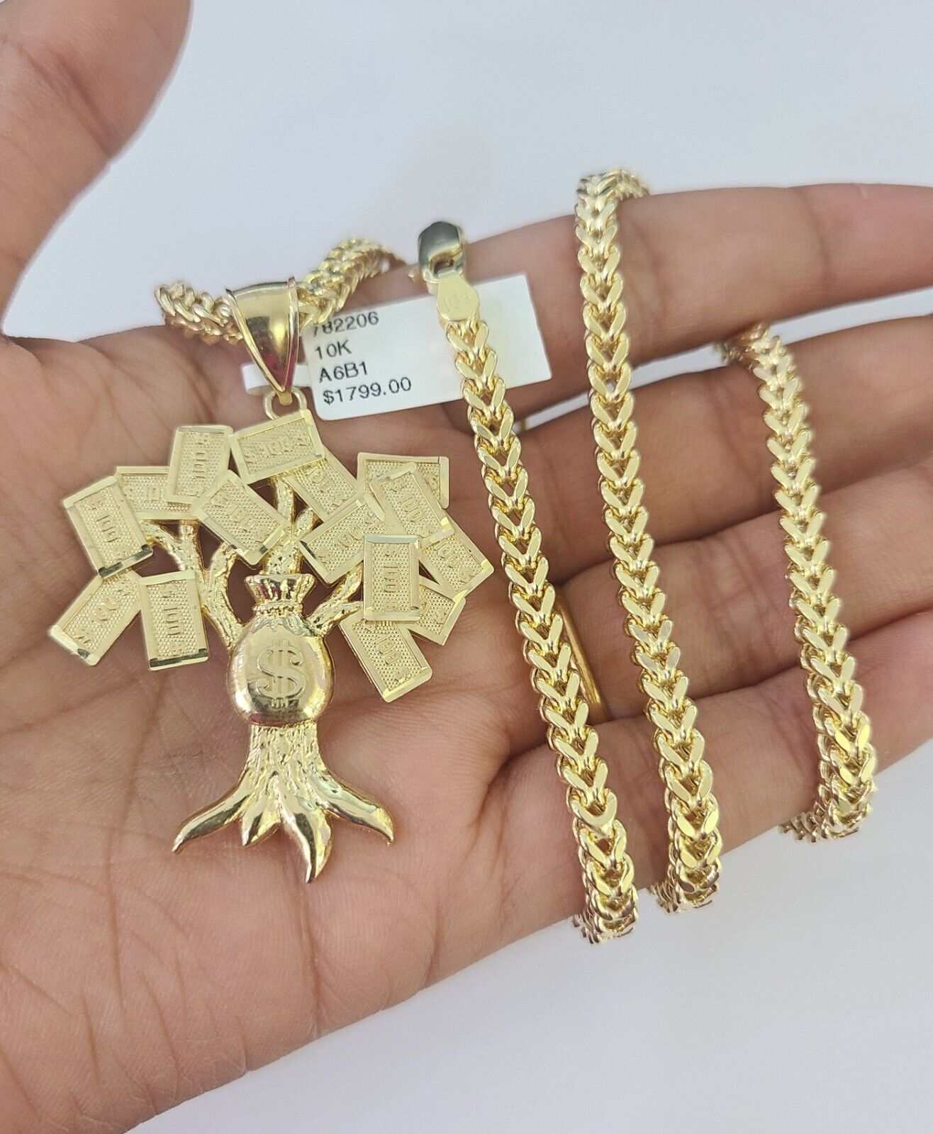 10K Franco Chain Money Tree Pendant Charm Necklace 20"-28" 4mm Yellow Gold SET